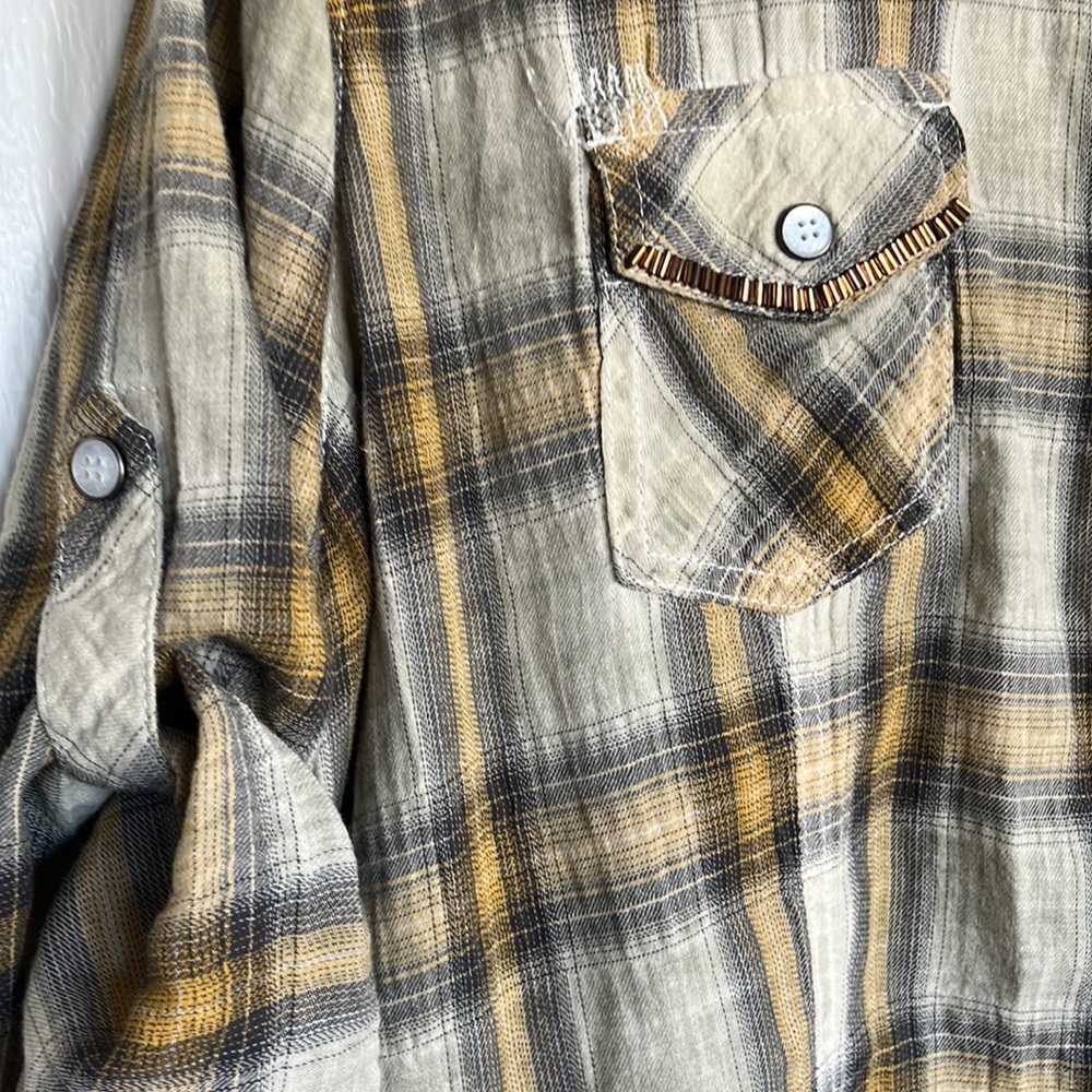 HARLEY DAVIDSON Short Sleeve Pearl Button Shirt in Gold Gray Plaid Womens 2XL - Picture 4 of 8